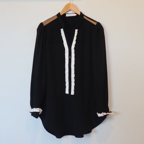 ANNE FONTAINE women top black ruffle white formal sheer button long sleeve 40 10 - Picture 1 of 13